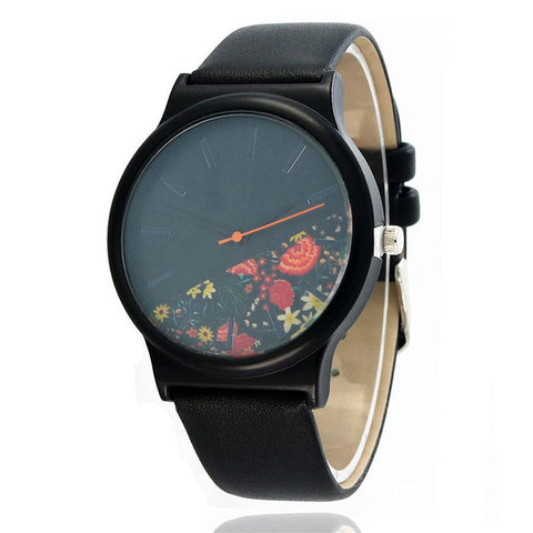 Matte Black Half Floral Pointer Pin-Buckle Round Dial Quartz Watch