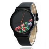 Matte Black Half Floral Pointer Pin-Buckle Round Dial Quartz Watch